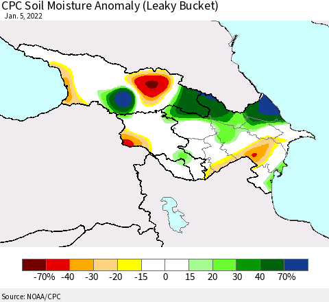 Azerbaijan, Armenia and Georgia CPC Soil Moisture Anomaly (Leaky Bucket) Thematic Map For 1/1/2022 - 1/5/2022