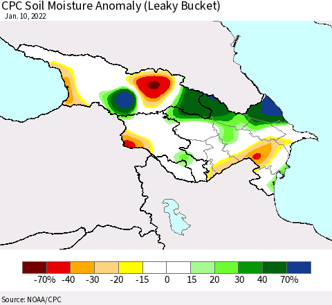 Azerbaijan, Armenia and Georgia CPC Soil Moisture Anomaly (Leaky Bucket) Thematic Map For 1/6/2022 - 1/10/2022