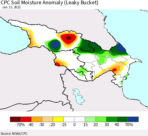 Azerbaijan, Armenia and Georgia CPC Soil Moisture Anomaly (Leaky Bucket) Thematic Map For 1/11/2022 - 1/15/2022