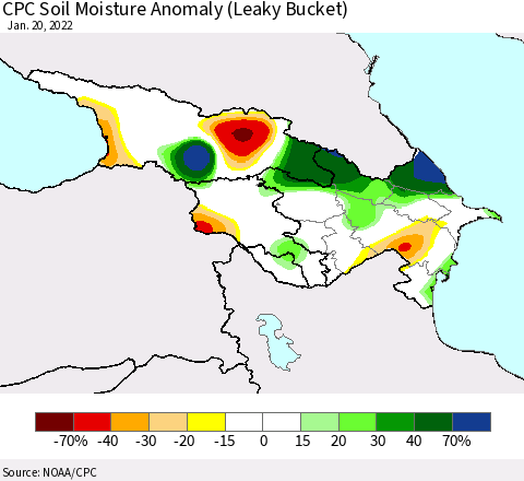 Azerbaijan, Armenia and Georgia CPC Soil Moisture Anomaly (Leaky Bucket) Thematic Map For 1/16/2022 - 1/20/2022
