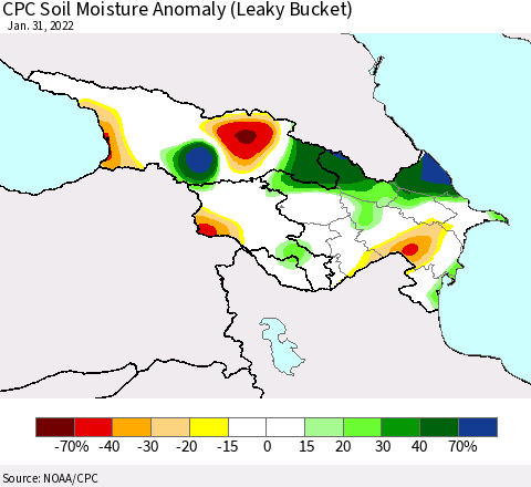 Azerbaijan, Armenia and Georgia CPC Soil Moisture Anomaly (Leaky Bucket) Thematic Map For 1/26/2022 - 1/31/2022