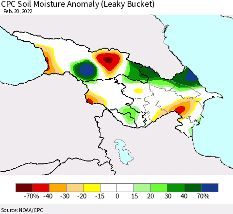 Azerbaijan, Armenia and Georgia CPC Soil Moisture Anomaly (Leaky Bucket) Thematic Map For 2/16/2022 - 2/20/2022