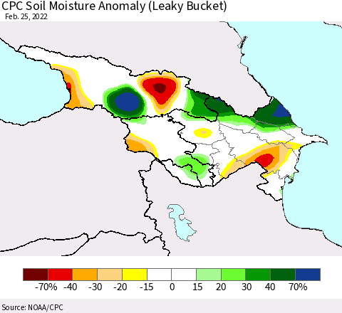 Azerbaijan, Armenia and Georgia CPC Soil Moisture Anomaly (Leaky Bucket) Thematic Map For 2/21/2022 - 2/25/2022