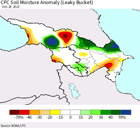 Azerbaijan, Armenia and Georgia CPC Soil Moisture Anomaly (Leaky Bucket) Thematic Map For 2/26/2022 - 2/28/2022
