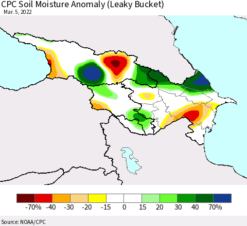 Azerbaijan, Armenia and Georgia CPC Soil Moisture Anomaly (Leaky Bucket) Thematic Map For 3/1/2022 - 3/5/2022