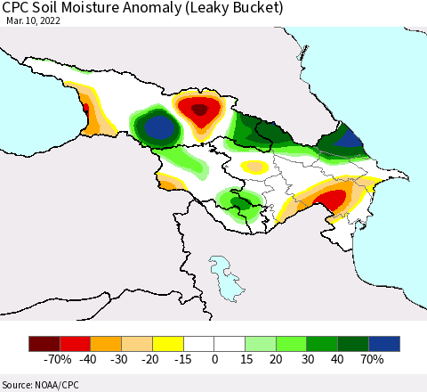 Azerbaijan, Armenia and Georgia CPC Soil Moisture Anomaly (Leaky Bucket) Thematic Map For 3/6/2022 - 3/10/2022