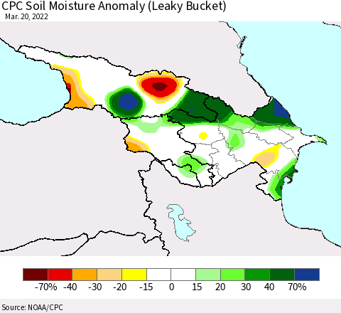 Azerbaijan, Armenia and Georgia CPC Soil Moisture Anomaly (Leaky Bucket) Thematic Map For 3/16/2022 - 3/20/2022