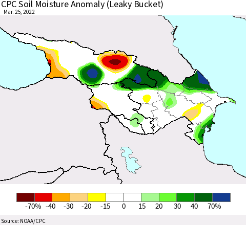 Azerbaijan, Armenia and Georgia CPC Soil Moisture Anomaly (Leaky Bucket) Thematic Map For 3/21/2022 - 3/25/2022