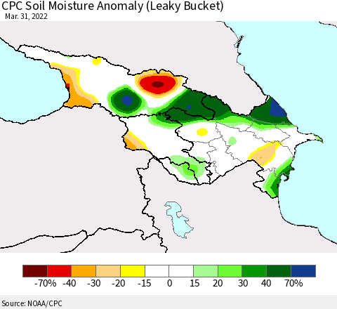 Azerbaijan, Armenia and Georgia CPC Soil Moisture Anomaly (Leaky Bucket) Thematic Map For 3/26/2022 - 3/31/2022