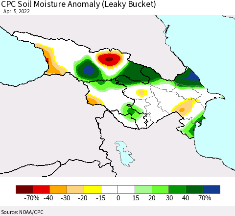 Azerbaijan, Armenia and Georgia CPC Soil Moisture Anomaly (Leaky Bucket) Thematic Map For 4/1/2022 - 4/5/2022
