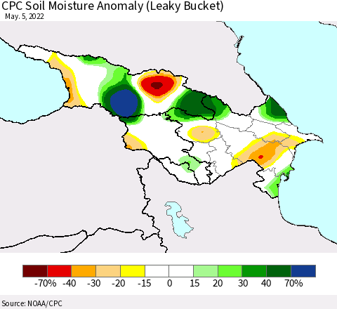 Azerbaijan, Armenia and Georgia CPC Soil Moisture Anomaly (Leaky Bucket) Thematic Map For 5/1/2022 - 5/5/2022