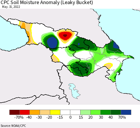 Azerbaijan, Armenia and Georgia CPC Soil Moisture Anomaly (Leaky Bucket) Thematic Map For 5/26/2022 - 5/31/2022