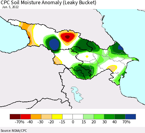 Azerbaijan, Armenia and Georgia CPC Soil Moisture Anomaly (Leaky Bucket) Thematic Map For 6/1/2022 - 6/5/2022
