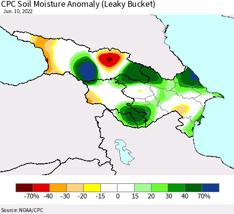 Azerbaijan, Armenia and Georgia CPC Soil Moisture Anomaly (Leaky Bucket) Thematic Map For 6/6/2022 - 6/10/2022