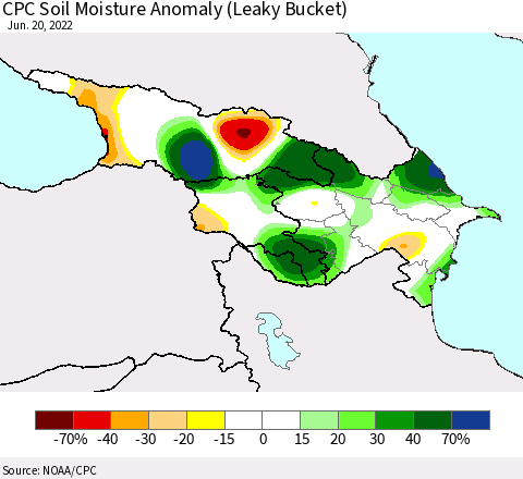 Azerbaijan, Armenia and Georgia CPC Soil Moisture Anomaly (Leaky Bucket) Thematic Map For 6/16/2022 - 6/20/2022