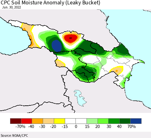 Azerbaijan, Armenia and Georgia CPC Soil Moisture Anomaly (Leaky Bucket) Thematic Map For 6/26/2022 - 6/30/2022