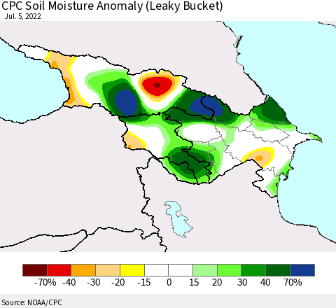 Azerbaijan, Armenia and Georgia CPC Soil Moisture Anomaly (Leaky Bucket) Thematic Map For 7/1/2022 - 7/5/2022