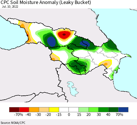 Azerbaijan, Armenia and Georgia CPC Soil Moisture Anomaly (Leaky Bucket) Thematic Map For 7/6/2022 - 7/10/2022