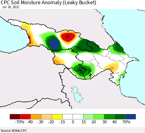Azerbaijan, Armenia and Georgia CPC Soil Moisture Anomaly (Leaky Bucket) Thematic Map For 7/16/2022 - 7/20/2022