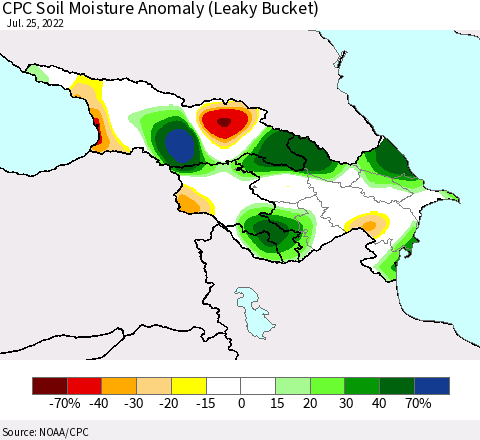 Azerbaijan, Armenia and Georgia CPC Soil Moisture Anomaly (Leaky Bucket) Thematic Map For 7/21/2022 - 7/25/2022
