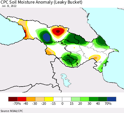 Azerbaijan, Armenia and Georgia CPC Soil Moisture Anomaly (Leaky Bucket) Thematic Map For 7/26/2022 - 7/31/2022