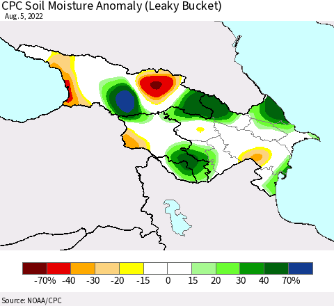 Azerbaijan, Armenia and Georgia CPC Soil Moisture Anomaly (Leaky Bucket) Thematic Map For 8/1/2022 - 8/5/2022