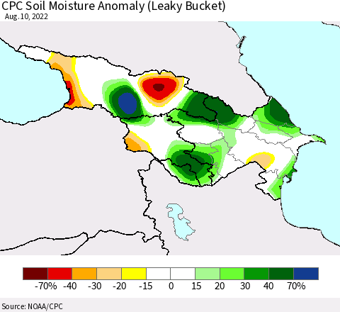 Azerbaijan, Armenia and Georgia CPC Soil Moisture Anomaly (Leaky Bucket) Thematic Map For 8/6/2022 - 8/10/2022