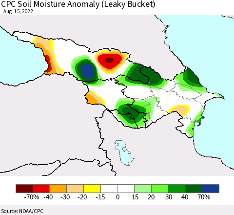 Azerbaijan, Armenia and Georgia CPC Soil Moisture Anomaly (Leaky Bucket) Thematic Map For 8/11/2022 - 8/15/2022