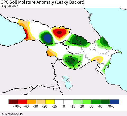 Azerbaijan, Armenia and Georgia CPC Soil Moisture Anomaly (Leaky Bucket) Thematic Map For 8/16/2022 - 8/20/2022