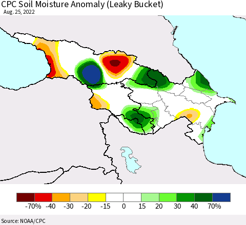 Azerbaijan, Armenia and Georgia CPC Soil Moisture Anomaly (Leaky Bucket) Thematic Map For 8/21/2022 - 8/25/2022