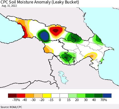 Azerbaijan, Armenia and Georgia CPC Soil Moisture Anomaly (Leaky Bucket) Thematic Map For 8/26/2022 - 8/31/2022