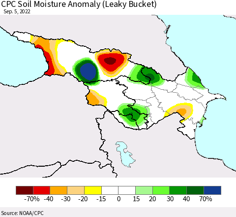 Azerbaijan, Armenia and Georgia CPC Soil Moisture Anomaly (Leaky Bucket) Thematic Map For 9/1/2022 - 9/5/2022