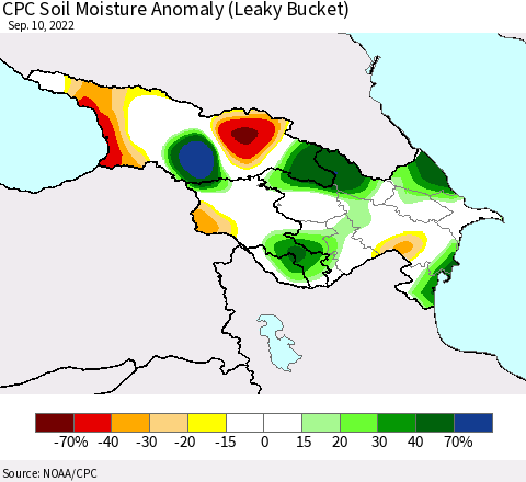 Azerbaijan, Armenia and Georgia CPC Soil Moisture Anomaly (Leaky Bucket) Thematic Map For 9/6/2022 - 9/10/2022