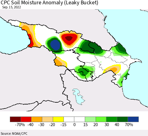Azerbaijan, Armenia and Georgia CPC Soil Moisture Anomaly (Leaky Bucket) Thematic Map For 9/11/2022 - 9/15/2022