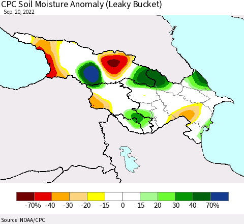 Azerbaijan, Armenia and Georgia CPC Soil Moisture Anomaly (Leaky Bucket) Thematic Map For 9/16/2022 - 9/20/2022