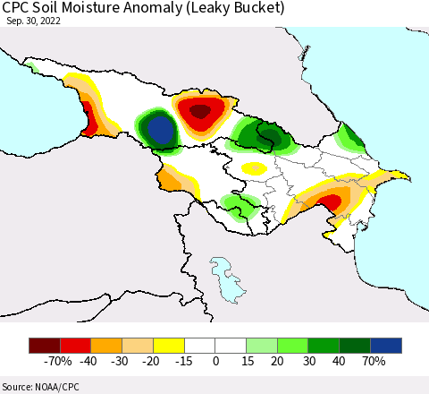 Azerbaijan, Armenia and Georgia CPC Soil Moisture Anomaly (Leaky Bucket) Thematic Map For 9/26/2022 - 9/30/2022