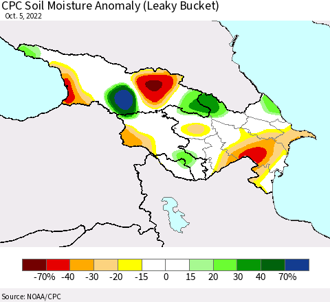 Azerbaijan, Armenia and Georgia CPC Soil Moisture Anomaly (Leaky Bucket) Thematic Map For 10/1/2022 - 10/5/2022