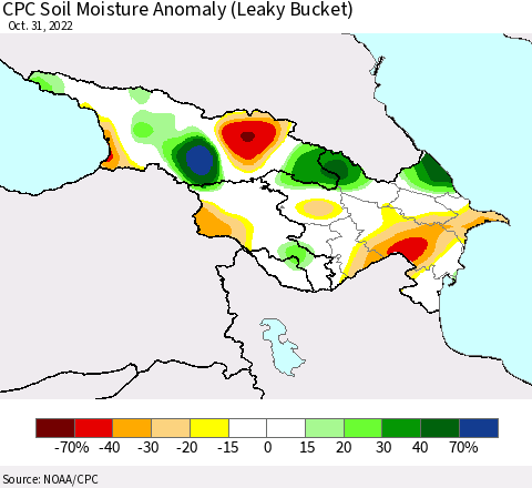 Azerbaijan, Armenia and Georgia CPC Soil Moisture Anomaly (Leaky Bucket) Thematic Map For 10/26/2022 - 10/31/2022