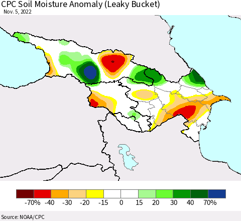 Azerbaijan, Armenia and Georgia CPC Soil Moisture Anomaly (Leaky Bucket) Thematic Map For 11/1/2022 - 11/5/2022