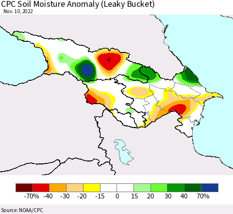 Azerbaijan, Armenia and Georgia CPC Soil Moisture Anomaly (Leaky Bucket) Thematic Map For 11/6/2022 - 11/10/2022