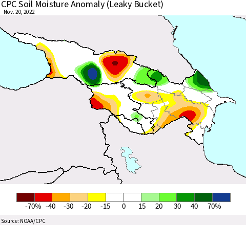 Azerbaijan, Armenia and Georgia CPC Soil Moisture Anomaly (Leaky Bucket) Thematic Map For 11/16/2022 - 11/20/2022