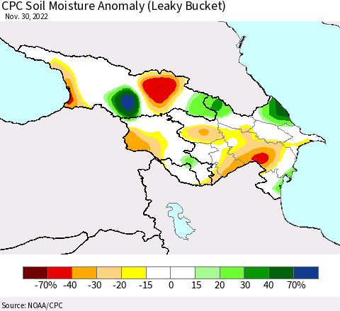Azerbaijan, Armenia and Georgia CPC Soil Moisture Anomaly (Leaky Bucket) Thematic Map For 11/26/2022 - 11/30/2022