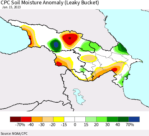 Azerbaijan, Armenia and Georgia CPC Soil Moisture Anomaly (Leaky Bucket) Thematic Map For 1/11/2023 - 1/15/2023