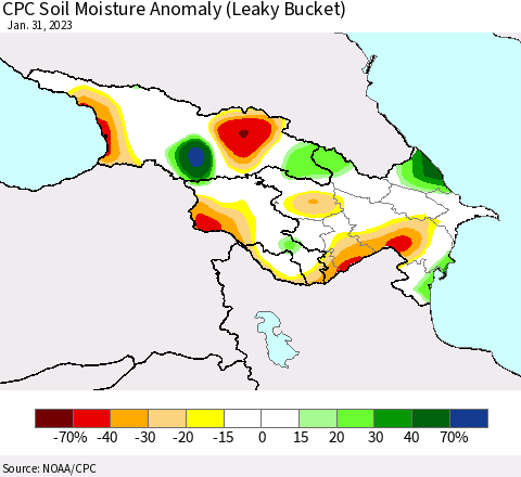Azerbaijan, Armenia and Georgia CPC Soil Moisture Anomaly (Leaky Bucket) Thematic Map For 1/26/2023 - 1/31/2023
