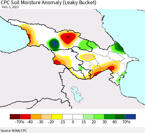 Azerbaijan, Armenia and Georgia CPC Soil Moisture Anomaly (Leaky Bucket) Thematic Map For 2/1/2023 - 2/5/2023