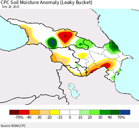 Azerbaijan, Armenia and Georgia CPC Soil Moisture Anomaly (Leaky Bucket) Thematic Map For 2/26/2023 - 2/28/2023
