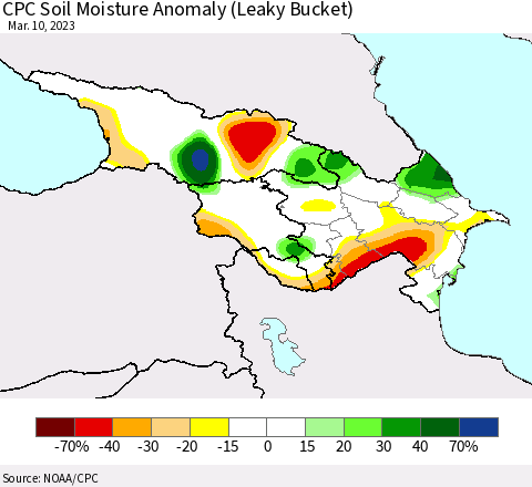 Azerbaijan, Armenia and Georgia CPC Soil Moisture Anomaly (Leaky Bucket) Thematic Map For 3/6/2023 - 3/10/2023