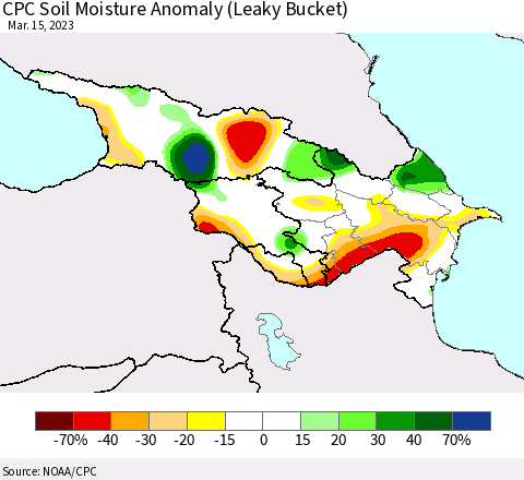 Azerbaijan, Armenia and Georgia CPC Soil Moisture Anomaly (Leaky Bucket) Thematic Map For 3/11/2023 - 3/15/2023