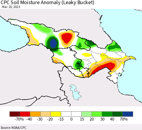 Azerbaijan, Armenia and Georgia CPC Soil Moisture Anomaly (Leaky Bucket) Thematic Map For 3/16/2023 - 3/20/2023