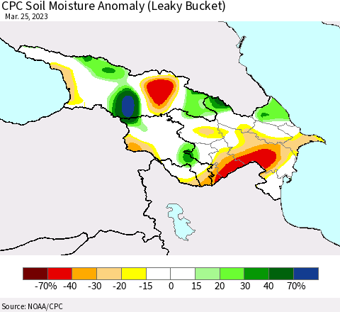 Azerbaijan, Armenia and Georgia CPC Soil Moisture Anomaly (Leaky Bucket) Thematic Map For 3/21/2023 - 3/25/2023